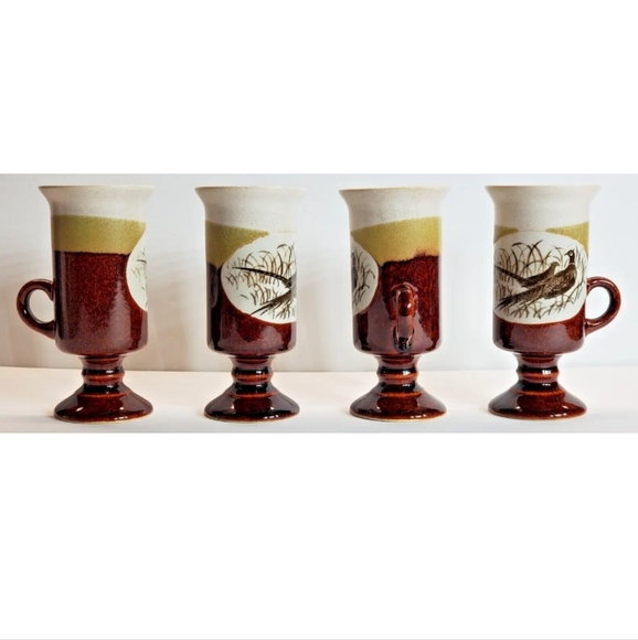 OTAGIRI Pheasants Pedestal Irish Coffee Footed Mugs 6 oz Vintage set of 4 - Picture 4 of 10